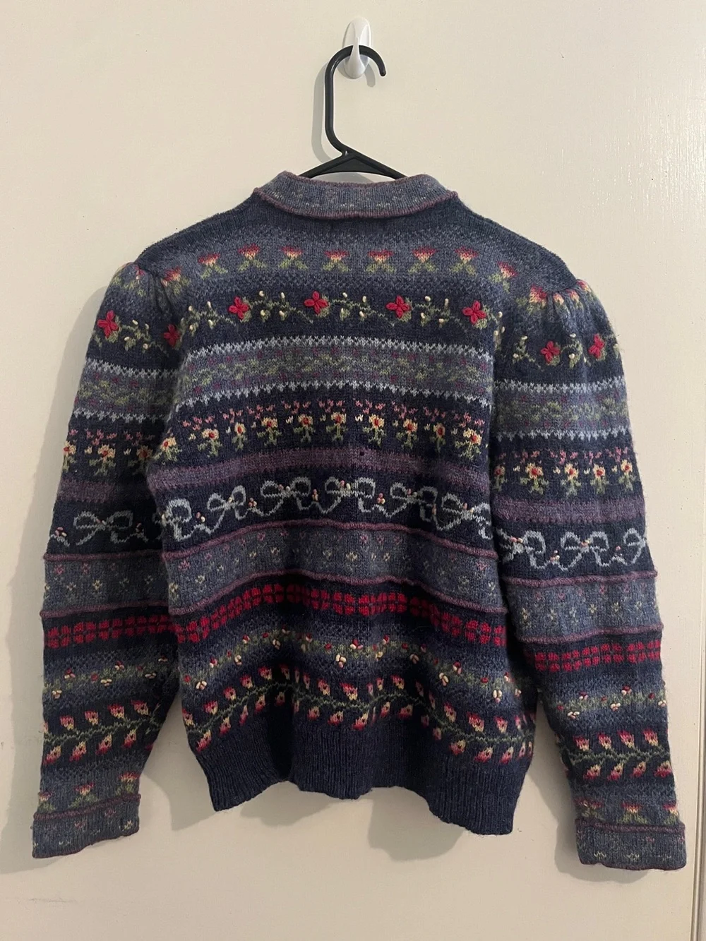 Susan Bristol Navy Wool Hand-Embroidered Cardigan with Pink and Red Accents - Picture 2 of 5